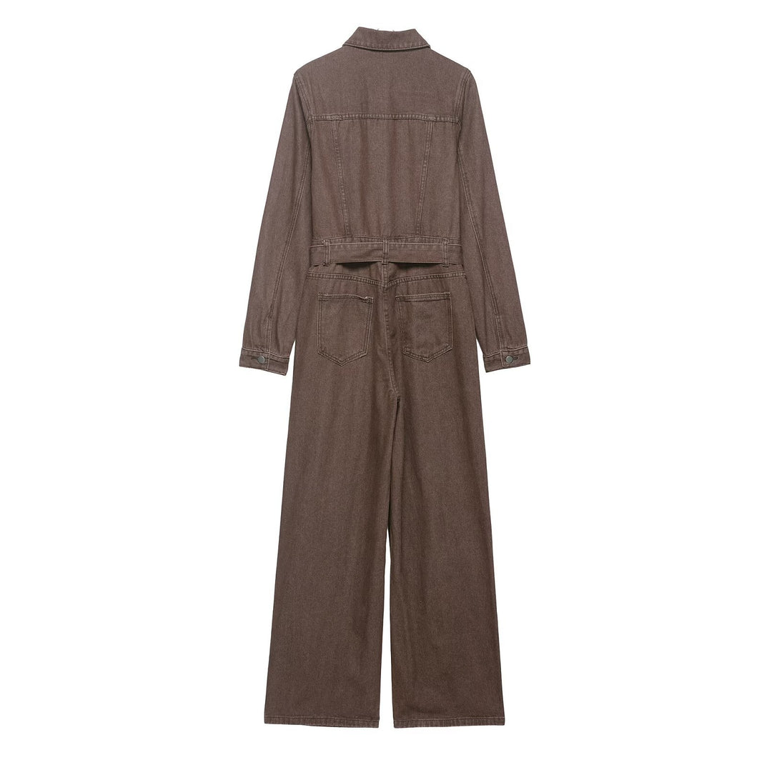 Damen Weicher Denim-Overall mit Hemdkragen, taillierendem Gürtel und weitem Bein Nord Taschen