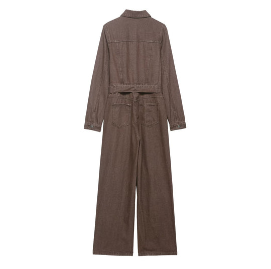 Damen Weicher Denim-Overall mit Hemdkragen, taillierendem Gürtel und weitem Bein Nord Taschen