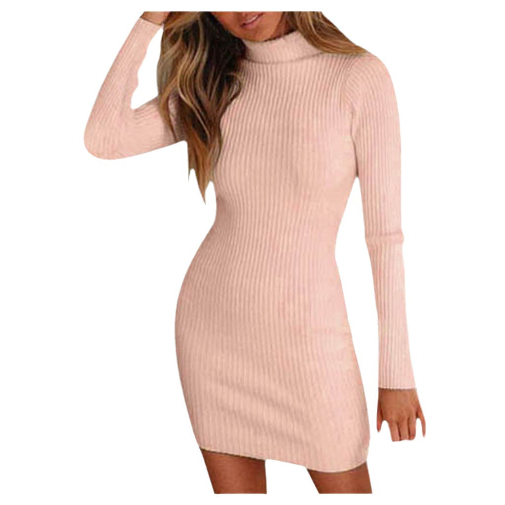 Damen Enganliegendes geripptes Strick-Minikleid mit Rollkragen und langen Ärmeln Nord Taschen