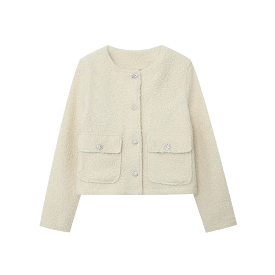 Damen Kurzjacke im Bouclé‑Tweed‑Look mit Rundhalsausschnitt und Kristall‑Zierknöpfen Nord Taschen
