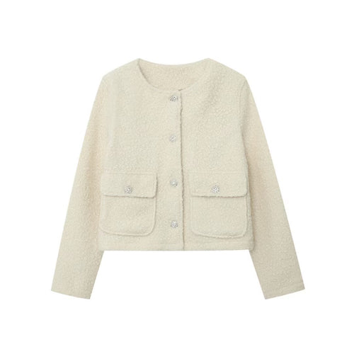 Damen Kurzjacke im Bouclé‑Tweed‑Look mit Rundhalsausschnitt und Kristall‑Zierknöpfen Nord Taschen