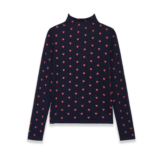 Damen Langarm-Feinstrickshirt mit Stehkragen und Allover-Herzjacquard Nord Taschen