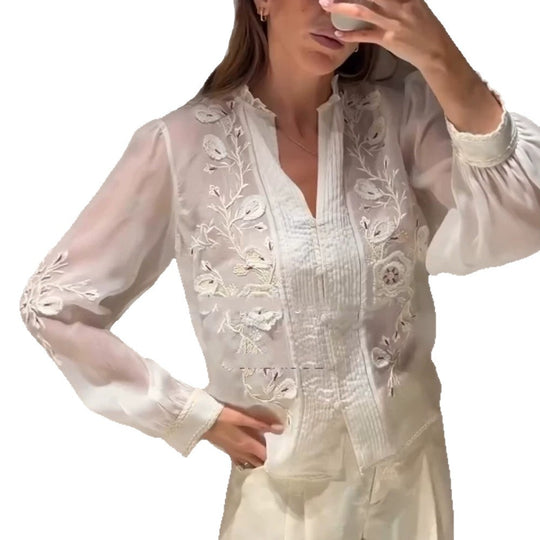 Damen Transparente bestickte Chiffonbluse mit Pintucks, V‑Ausschnitt und Ballonärmeln Nord Taschen