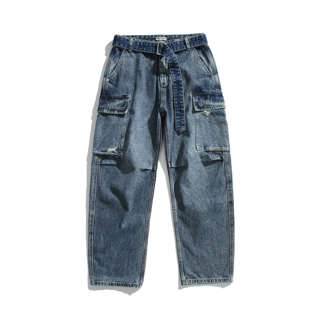 Damen Hochtaillierte Cargo-Jeans mit Gürtel, locker geschnitten und Used‑Optik Nord Taschen