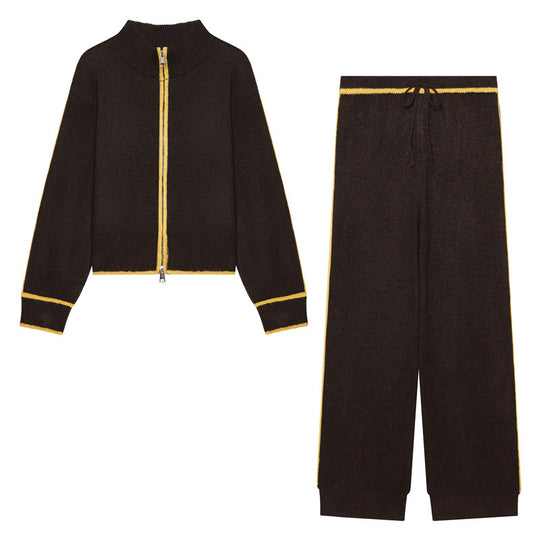 Damen Zweiteiliges Strick-Loungewear-Set mit kurzem Reißverschluss-Cardigan und hoher Bund-Palazzo-Hose Nord Taschen
