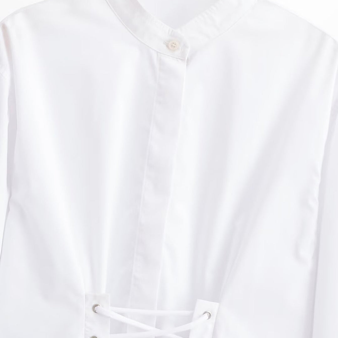 Damen Kurzbluse mit Stehkragen, Kordel-Corsage am Saum und Volumenärmeln Nord Taschen
