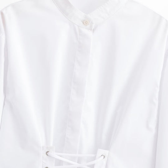 Damen Kurzbluse mit Stehkragen, Kordel-Corsage am Saum und Volumenärmeln Nord Taschen
