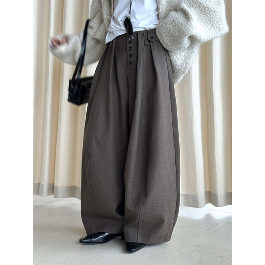 Damen weite Hose mit hoher Taille und dekorativer Knopfleiste Nord Taschen