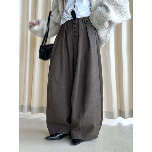 Damen weite Hose mit hoher Taille und dekorativer Knopfleiste Nord Taschen