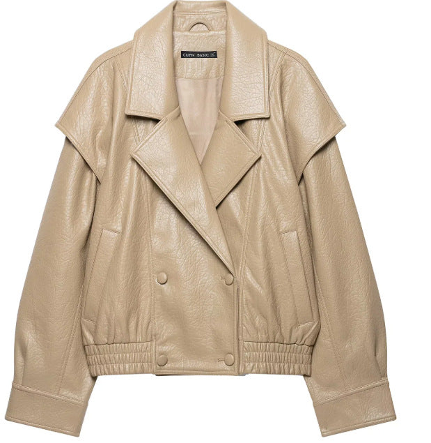Damen Kurzblouson aus Kunstleder mit doppelreihiger Knopfleiste und Schultercape Nord Taschen
