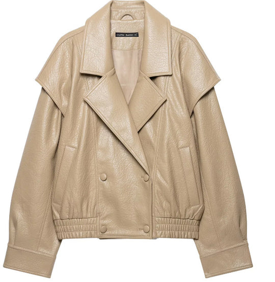 Damen Kurzblouson aus Kunstleder mit doppelreihiger Knopfleiste und Schultercape Nord Taschen
