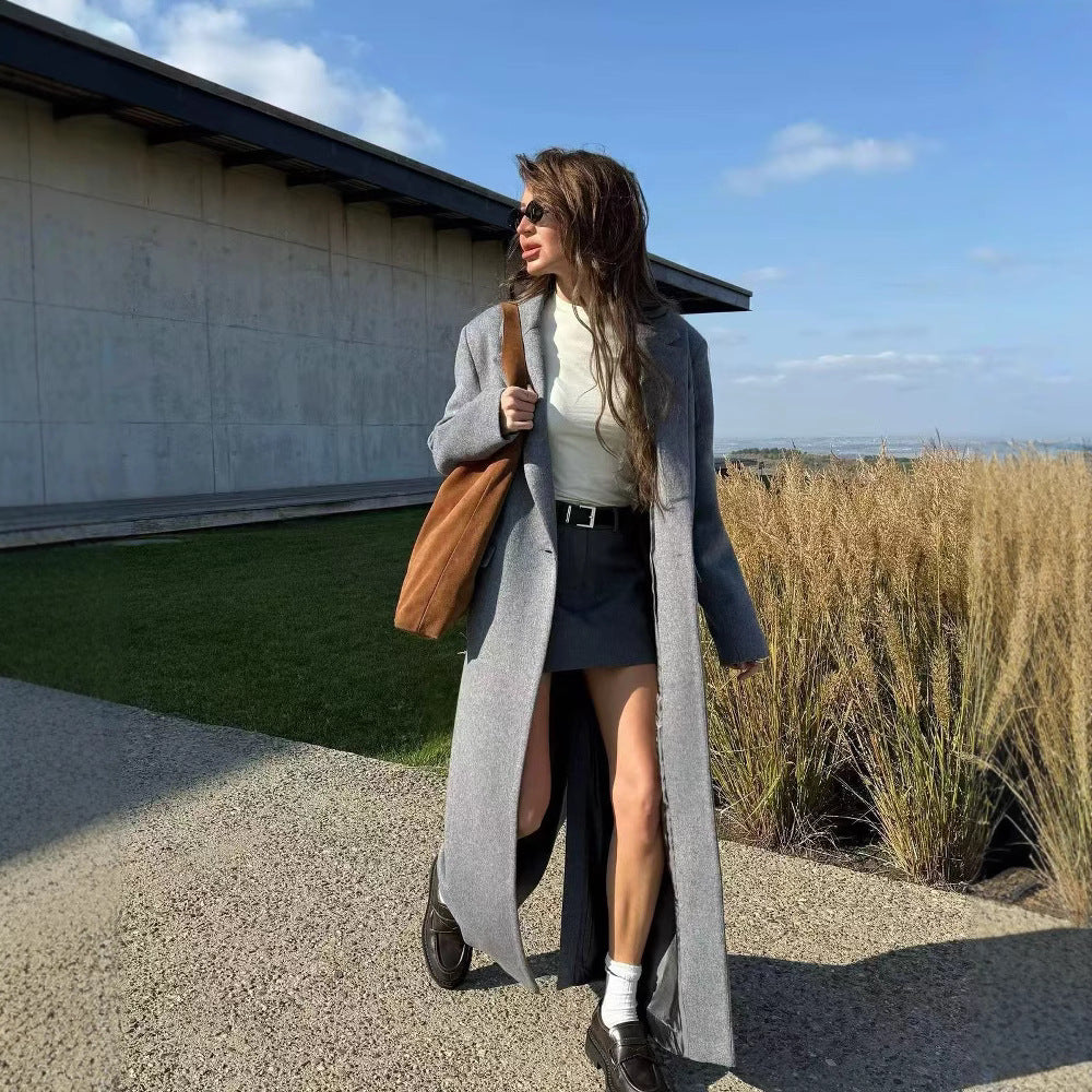 Damen Longline-Wollmantel mit Oversize-Schnitt, Reverskragen und seitlichen Schlitzen Nord Taschen