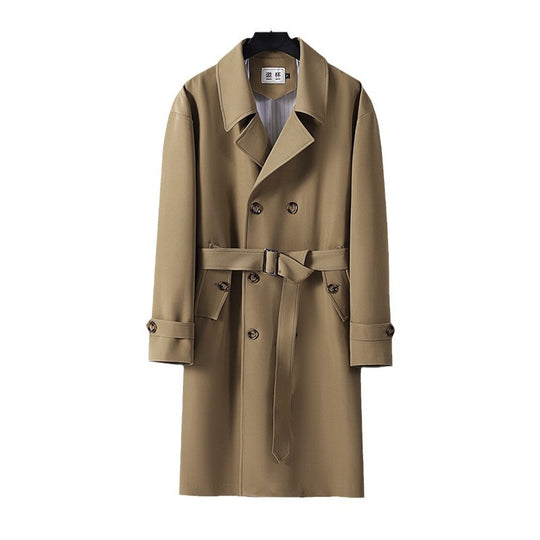 Herren Moderner knielanger Doppelreihiger Trenchcoat mit Taillengürtel Nord Taschen