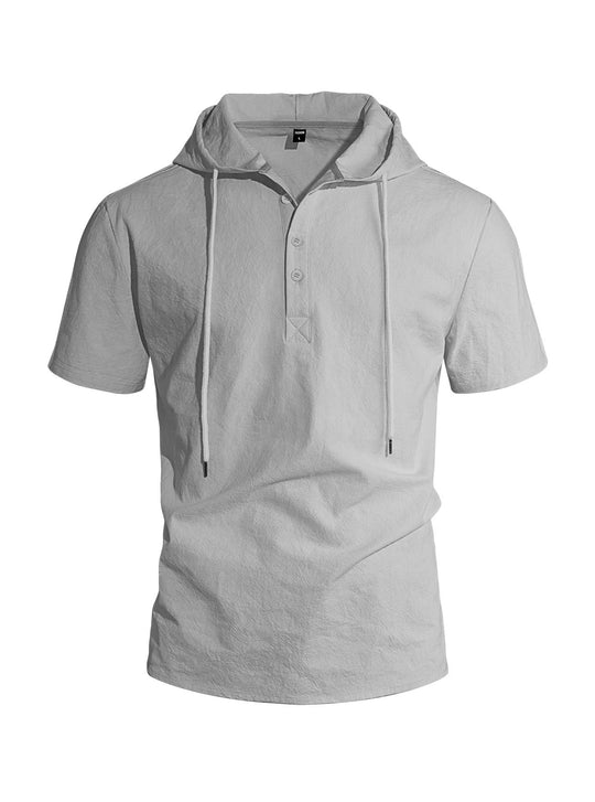 Herren nan kurzärmeliges Kapuzen-Henley aus Slub-Baumwolle mit verdeckter Knopfleiste und Kordelzug