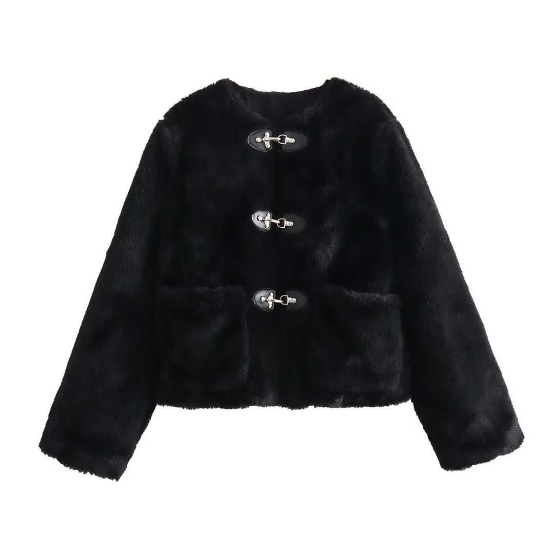 Damen Kurze Teddyjacke mit Knebelverschluss und aufgesetzten Taschen Nord Taschen