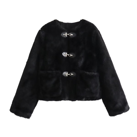 Damen Kurze Teddyjacke mit Knebelverschluss und aufgesetzten Taschen Nord Taschen