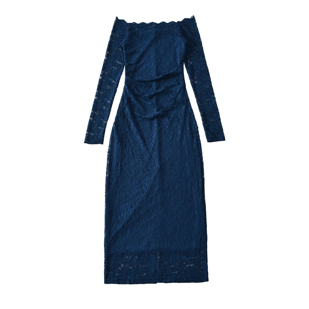 Damen Schulterfreies Spitzenkleid mit Taillenraffung und Langarm Nord Taschen