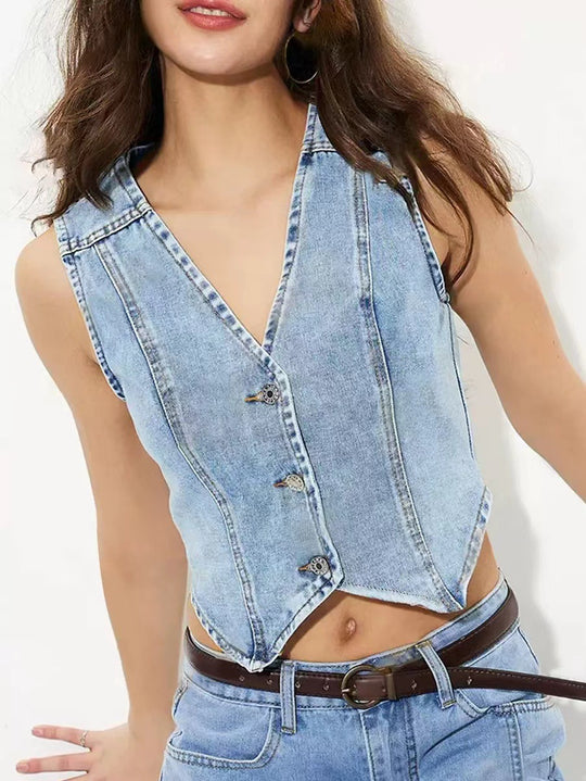 Damen taillierte ärmellose Jeansweste mit V-Ausschnitt Nord Taschen