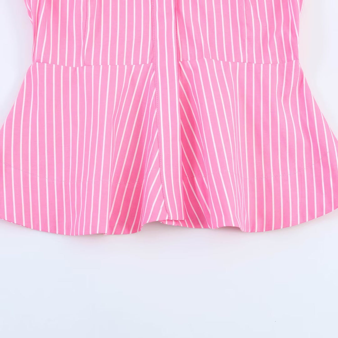 Damen Gestreifte Peplum-Bluse mit Ballonärmeln und Hemdkragen Nord Taschen
