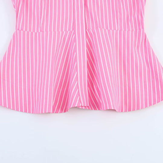 Damen Gestreifte Peplum-Bluse mit Ballonärmeln und Hemdkragen Nord Taschen