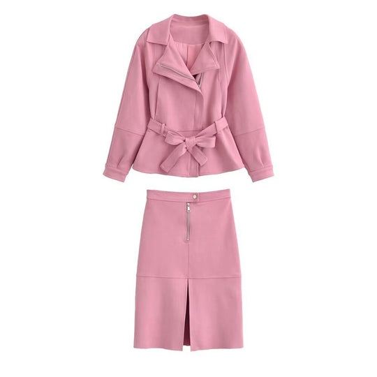 Damen Zweiteiliges Kunstleder-Set mit taillierter Bikerjacke, Bindegürtel und Midirock Nord Taschen