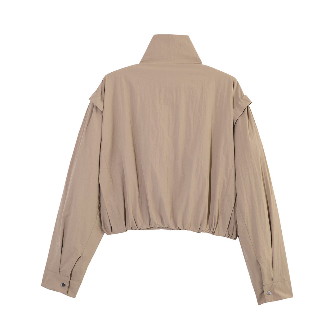 Damen Kurze Cropped-Übergangsjacke mit Stehkragen, geraffter Schulterpasse und Ballonärmeln Nord Taschen