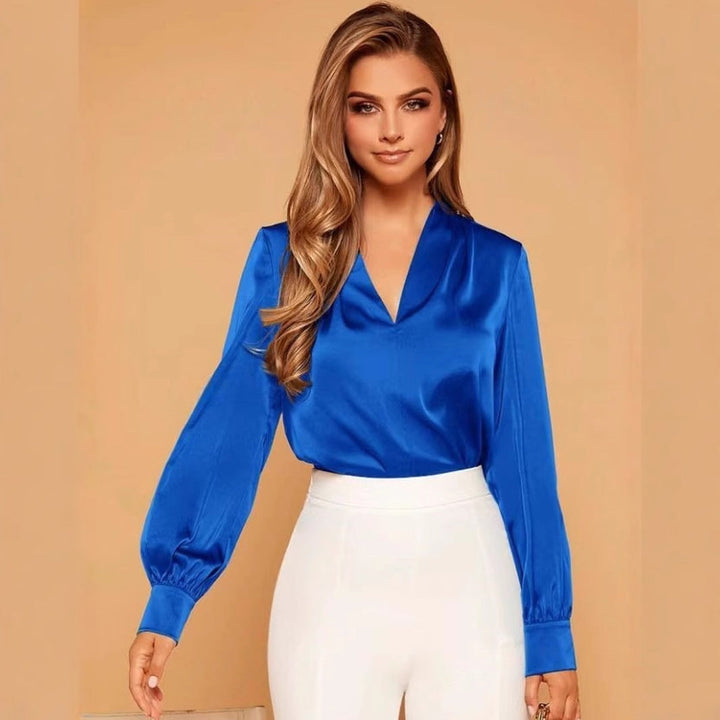 V-Ausschnitt Langarm Satin Bluse