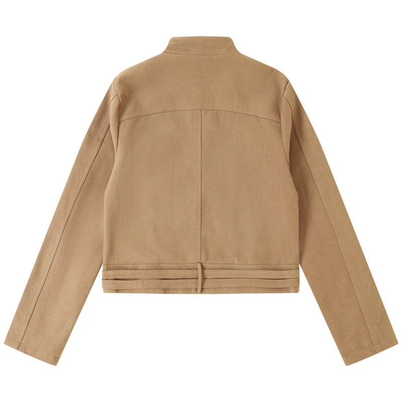 Damen Kurz geschnittene Baumwoll-Utility-Jacke mit Stehkragen Frontreißverschluss und verstellbaren Taillenriemen Nord Taschen