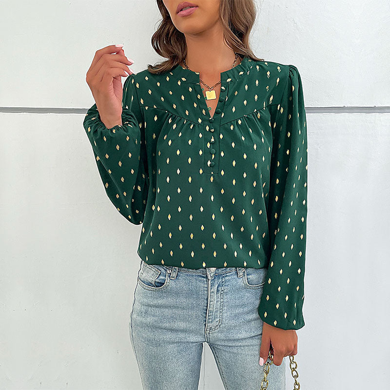 Damen Leichte Viskosebluse mit zartem Ikat‑Print, Stehkragen und dekorativer Knopfleiste Nord Taschen