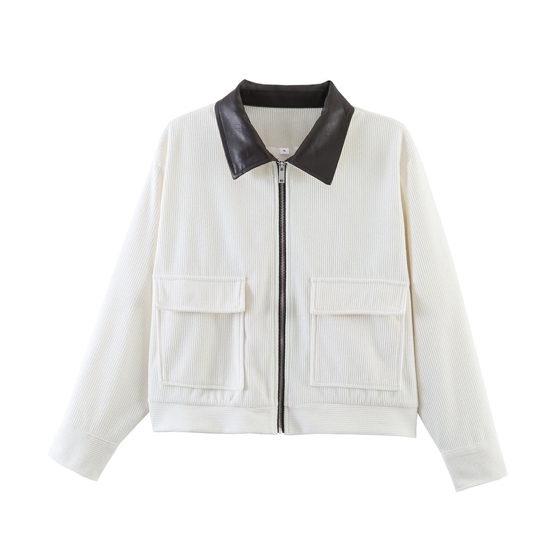 Damen Cordjacke mit Reißverschluss, Kunstlederkragen und aufgesetzten Taschen Nord Taschen