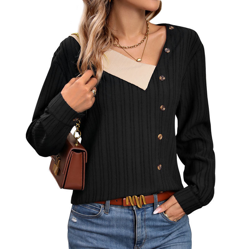 Damen Rippstrick-Top mit asymmetrischer Knopfleiste und kontrastierendem V‑Einsatz Nord Taschen