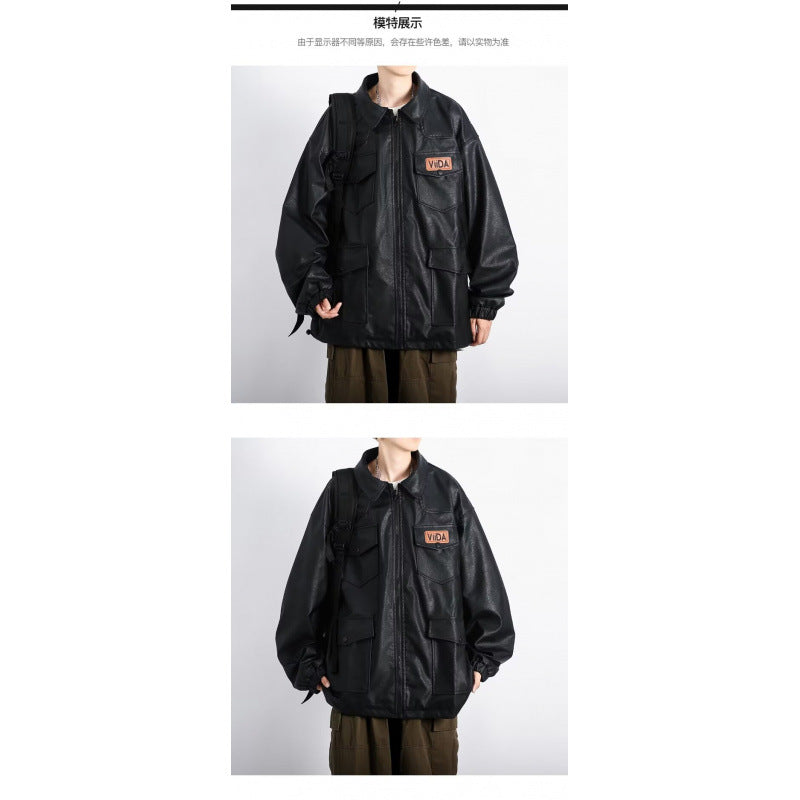 Unisex Oversized Utility Lederimitat Jacke mit Mehreren Klappentaschen Nord Taschen