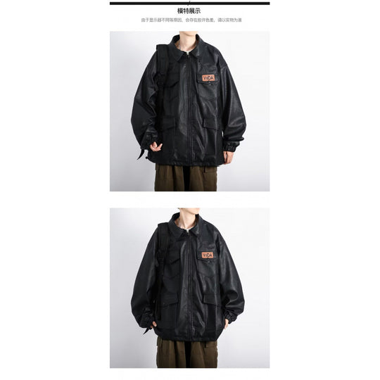 Unisex Oversized Utility Lederimitat Jacke mit Mehreren Klappentaschen Nord Taschen