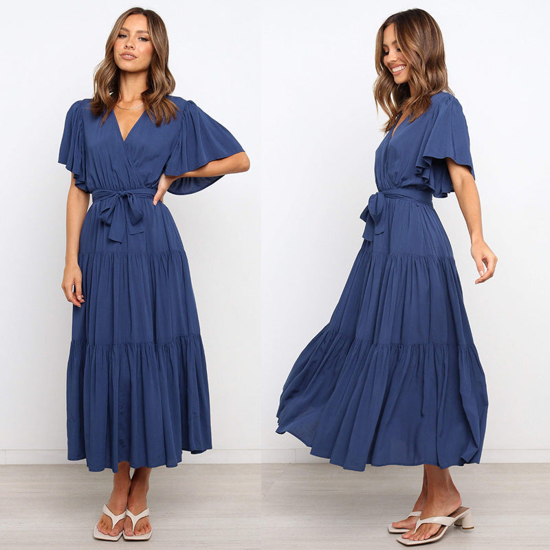 Damen Maxikleid mit tiefem V-Ausschnitt und schwingenden Ärmeln