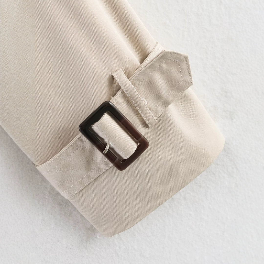 Damen Kurze Doppelreihige Taillengürtel-Trenchjacke mit hohem Funnelkragen und Schulterriegeln Nord Taschen