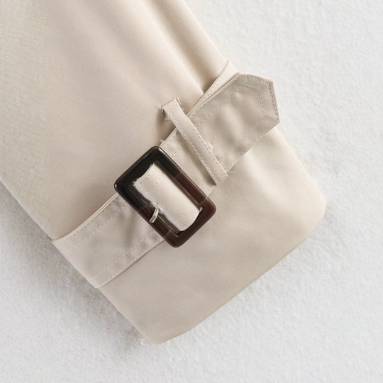 Damen Kurze Doppelreihige Taillengürtel-Trenchjacke mit hohem Funnelkragen und Schulterriegeln Nord Taschen