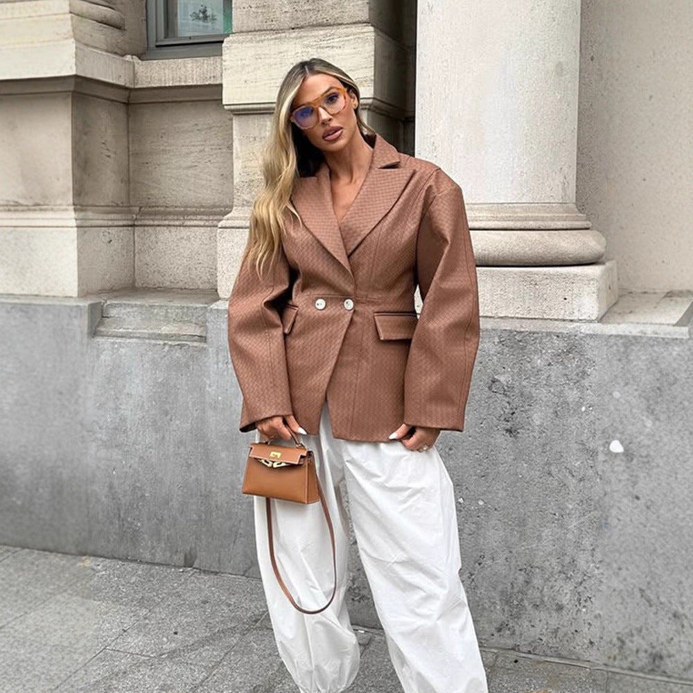 Damen Boxy-Blazer mit taillierter Drapierung und strukturierter Lederimitat-Optik Nord Taschen