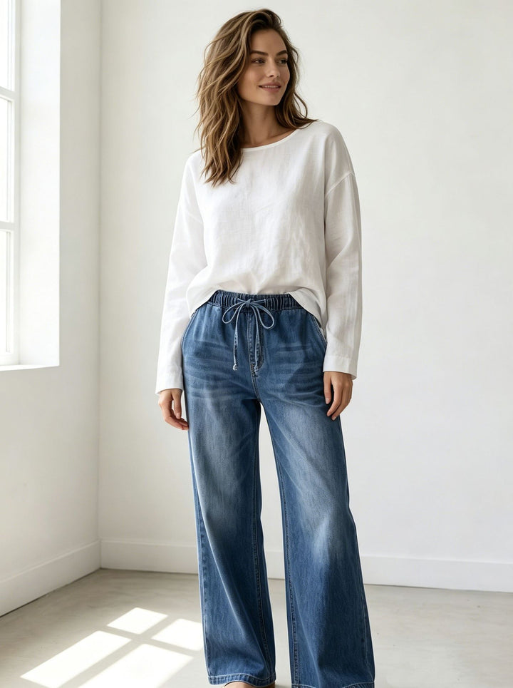 Damen Relaxed-Fit Denim-Hose mit elastischem Tunnelzugbund, dezentem Used-Effekt und weitem Bein Nord Taschen