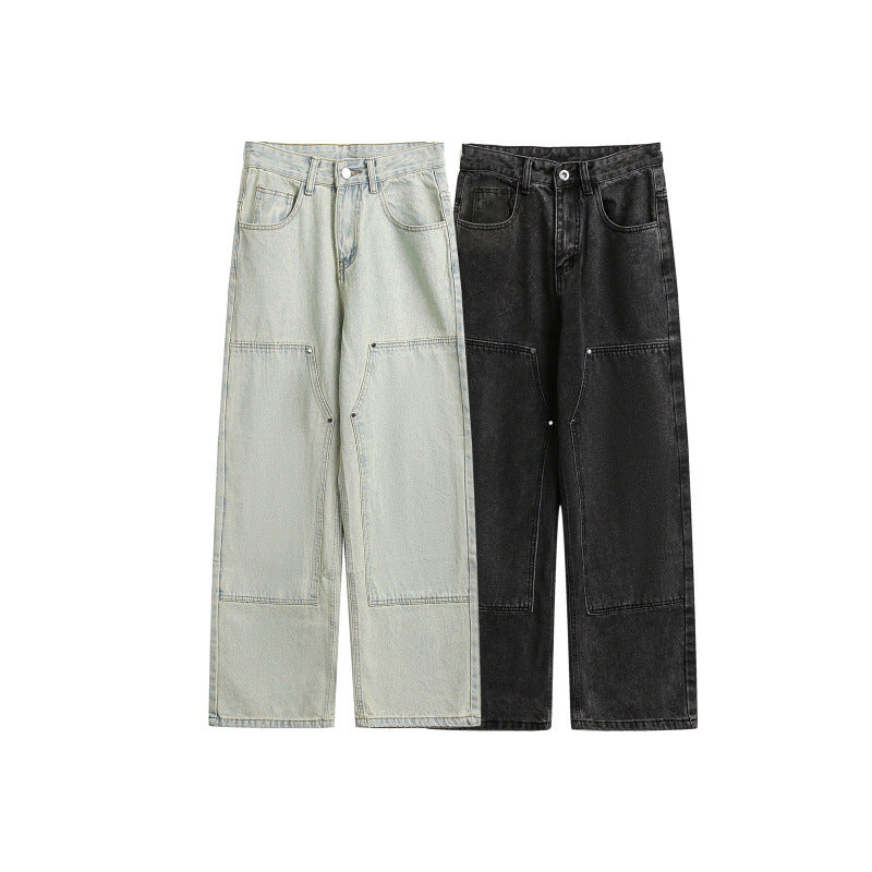 Damen Weite Utility-Denimhose mit Knie‑Patch, hohem Bund und geradem Bein Nord Taschen