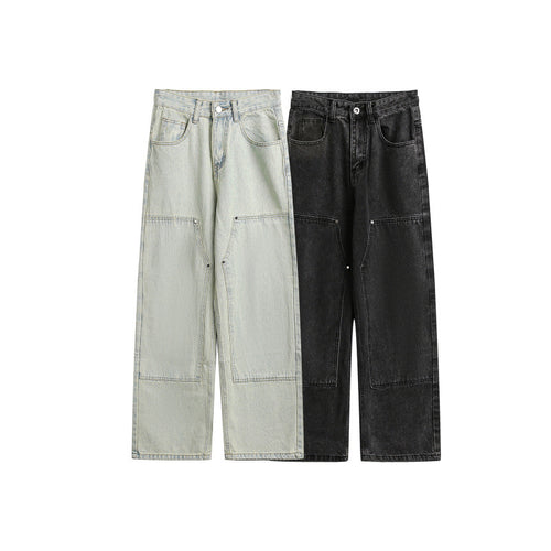 Damen Weite Utility-Denimhose mit Knie‑Patch, hohem Bund und geradem Bein Nord Taschen