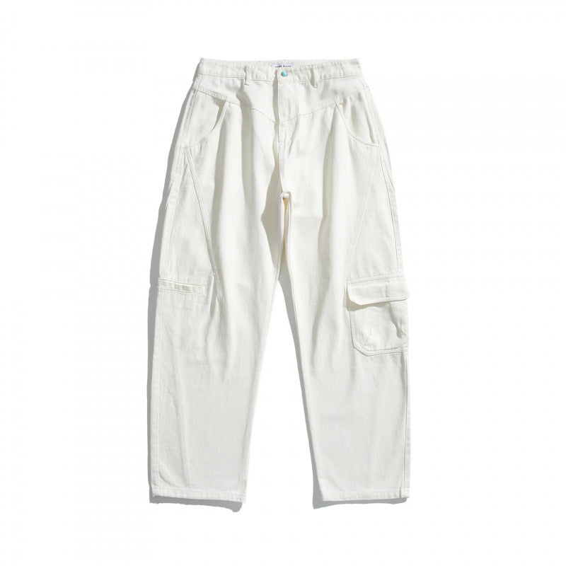 Unisex Weite Utility-Cargo-Hose aus robustem Baumwoll-Denim mit hoher Taille und Klappentaschen Nord Taschen