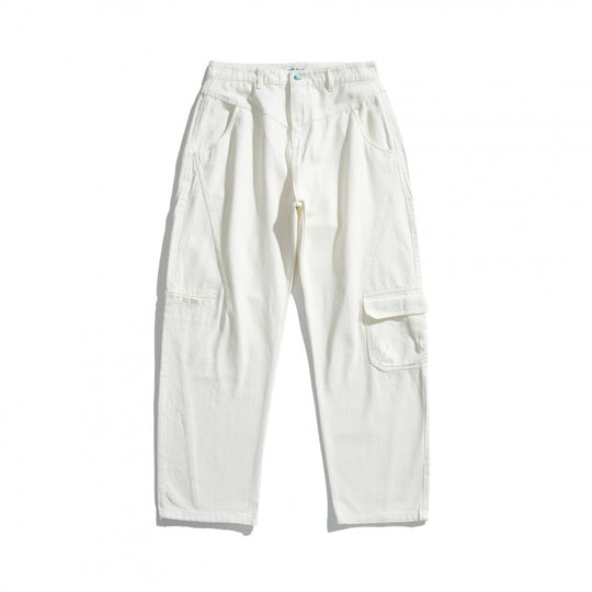 Unisex Weite Utility-Cargo-Hose aus robustem Baumwoll-Denim mit hoher Taille und Klappentaschen Nord Taschen
