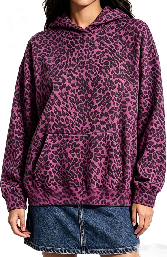 Damen Oversize-Kapuzenpullover mit Leomuster, Kängurutasche und überschnittener Schulter Nord Taschen