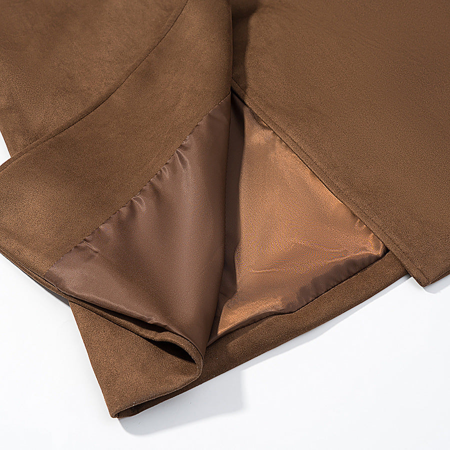 Damen Doppelreihiger Wolloptik-Maximantel mit Reverskragen und Pattentaschen Nord Taschen
