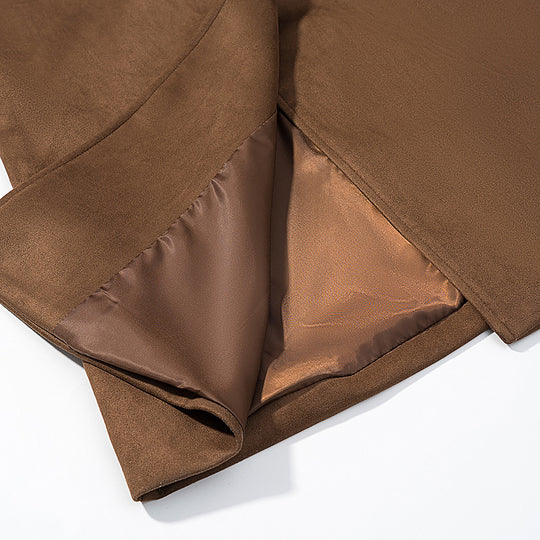Damen Doppelreihiger Wolloptik-Maximantel mit Reverskragen und Pattentaschen Nord Taschen