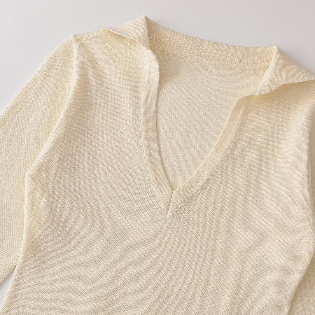 Damen Feinstrick-Longsleeve mit tiefem V-Ausschnitt und Hemdkragen Nord Taschen