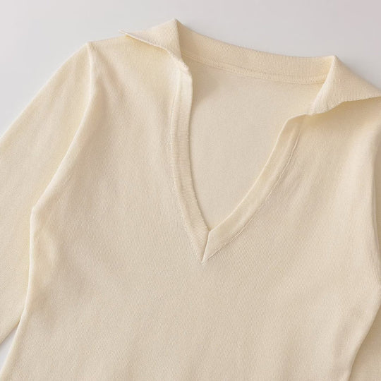 Damen Feinstrick-Longsleeve mit tiefem V-Ausschnitt und Hemdkragen Nord Taschen