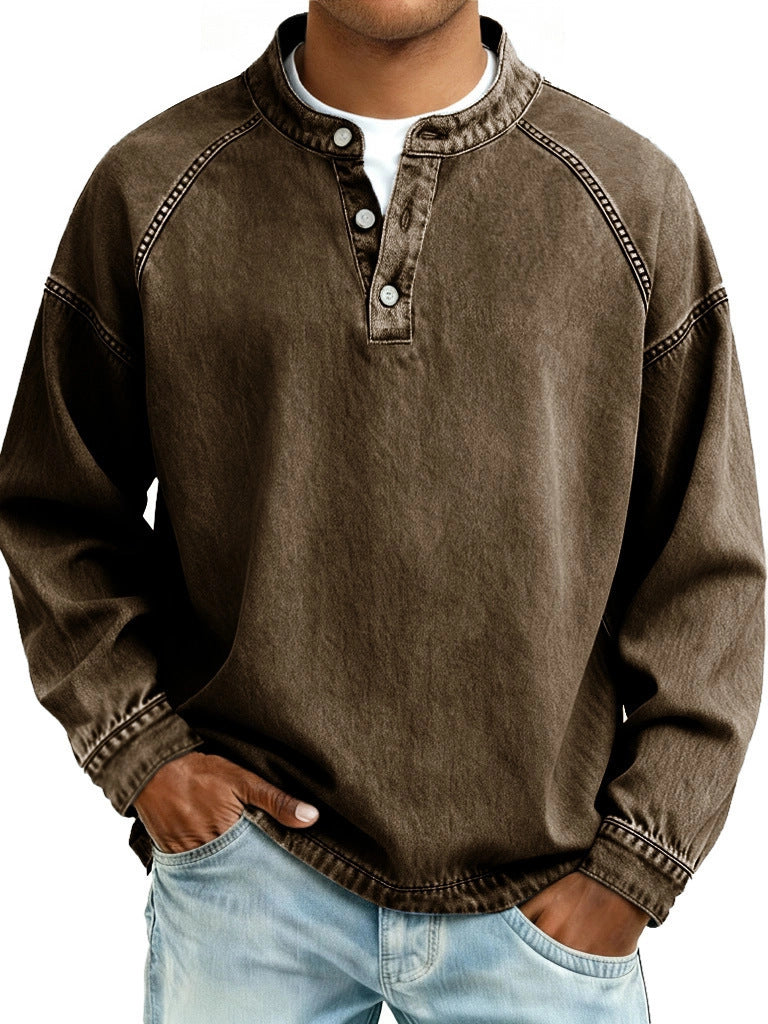 Herren Langarm-Henley Sweatshirt mit Stehkragen und Vintage-Denim-Effekt Nord Taschen