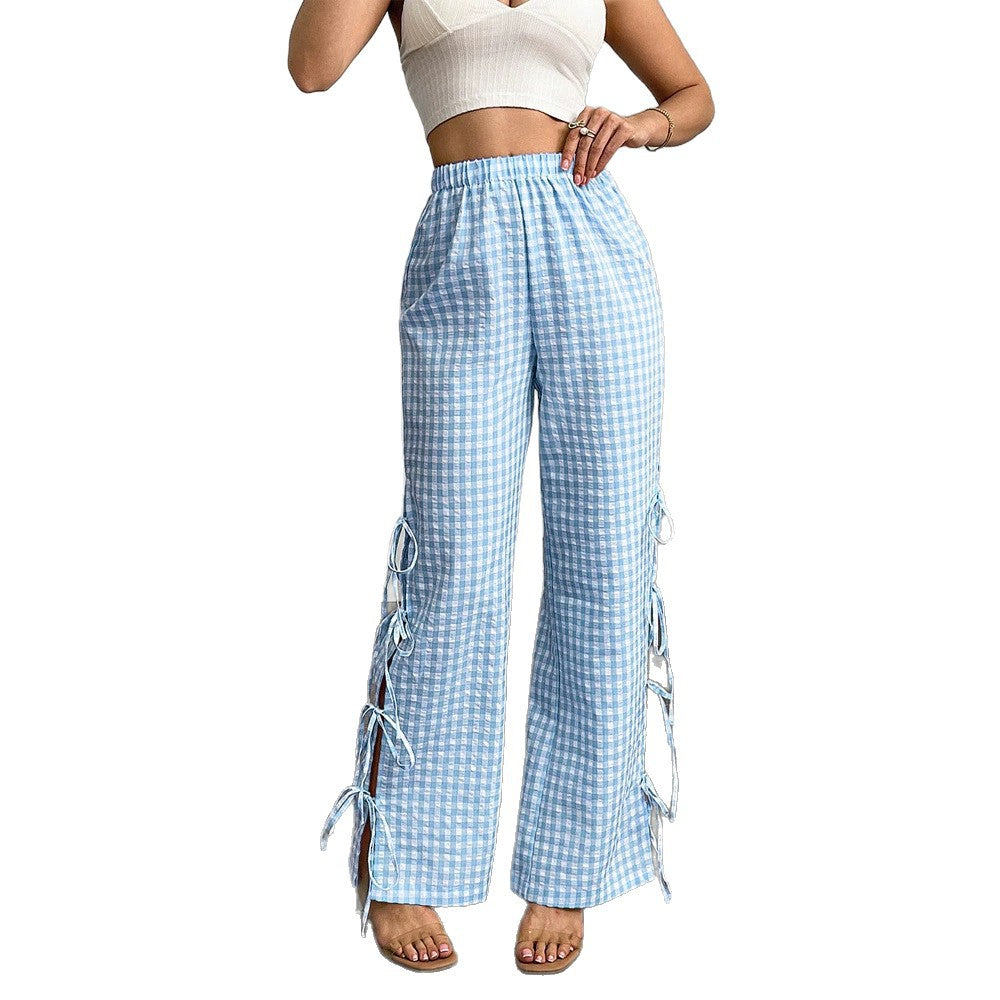Damen High‑Waist Leinenoptik-Hose mit Gingham-Karo, weitem Bein & seitlichen Bändchen-Details Nord Taschen