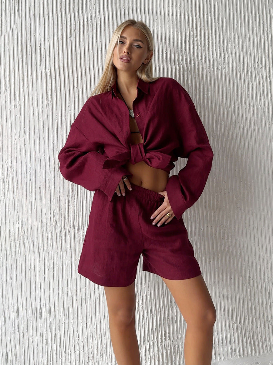Damen lässiges Leinen Set mit lockerer Bluse und Shorts